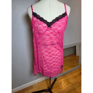 George Hot Pink Floral Lace Babydoll Chemise Black Trim Y2K XL 16-18 Nightgown